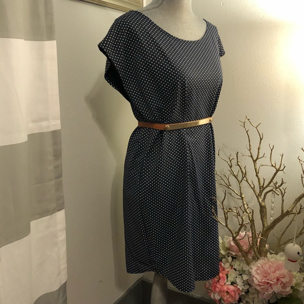 Navy polka dot shift dress